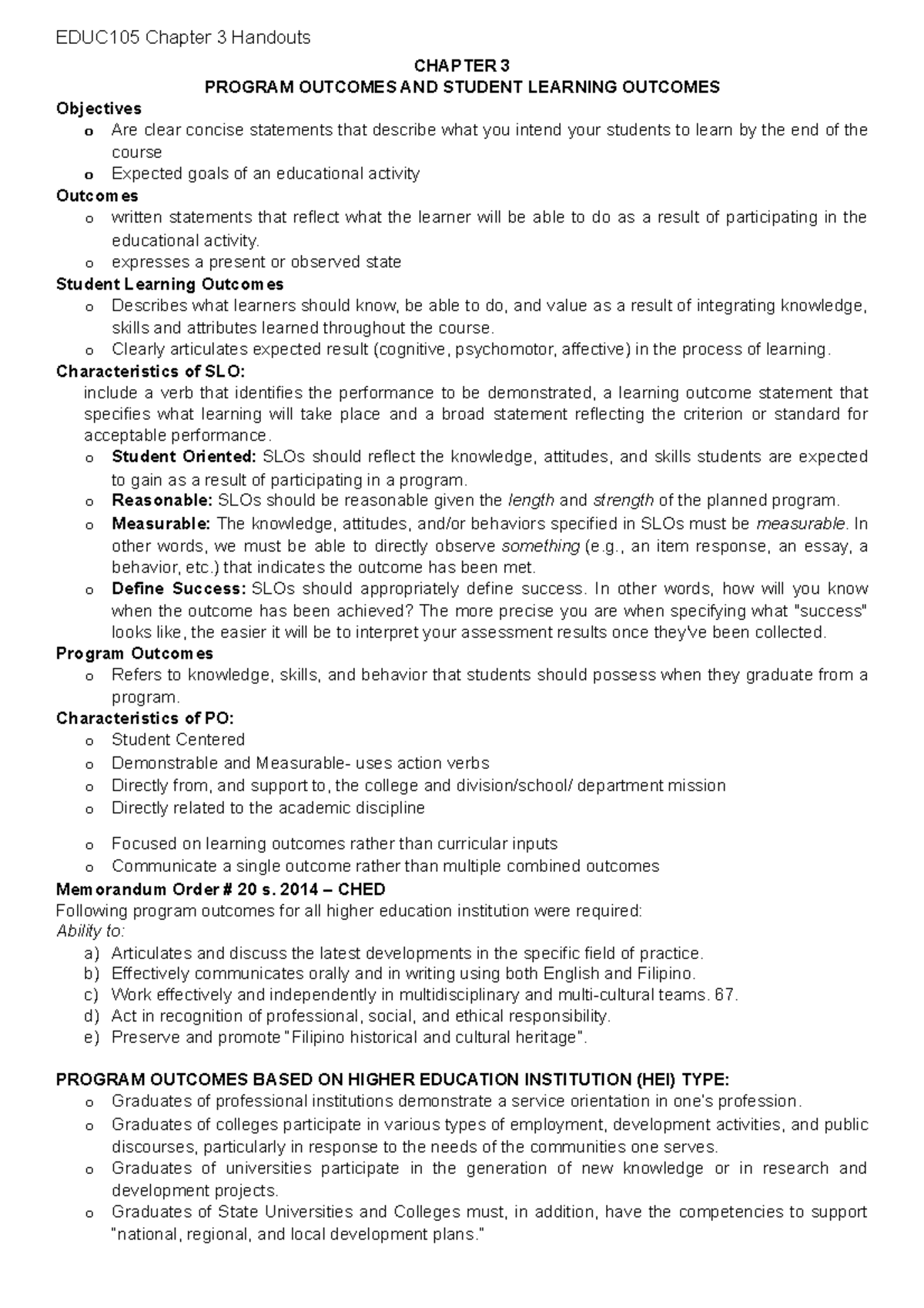 EDUC105 Handouts-Chapter-3 - CHAPTER 3 PROGRAM OUTCOMES AND STUDENT ...