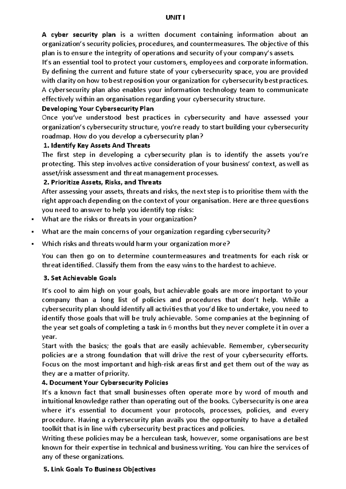 Cybersecurity notes -2023 - UNIT I A cyber security plan is a written ...