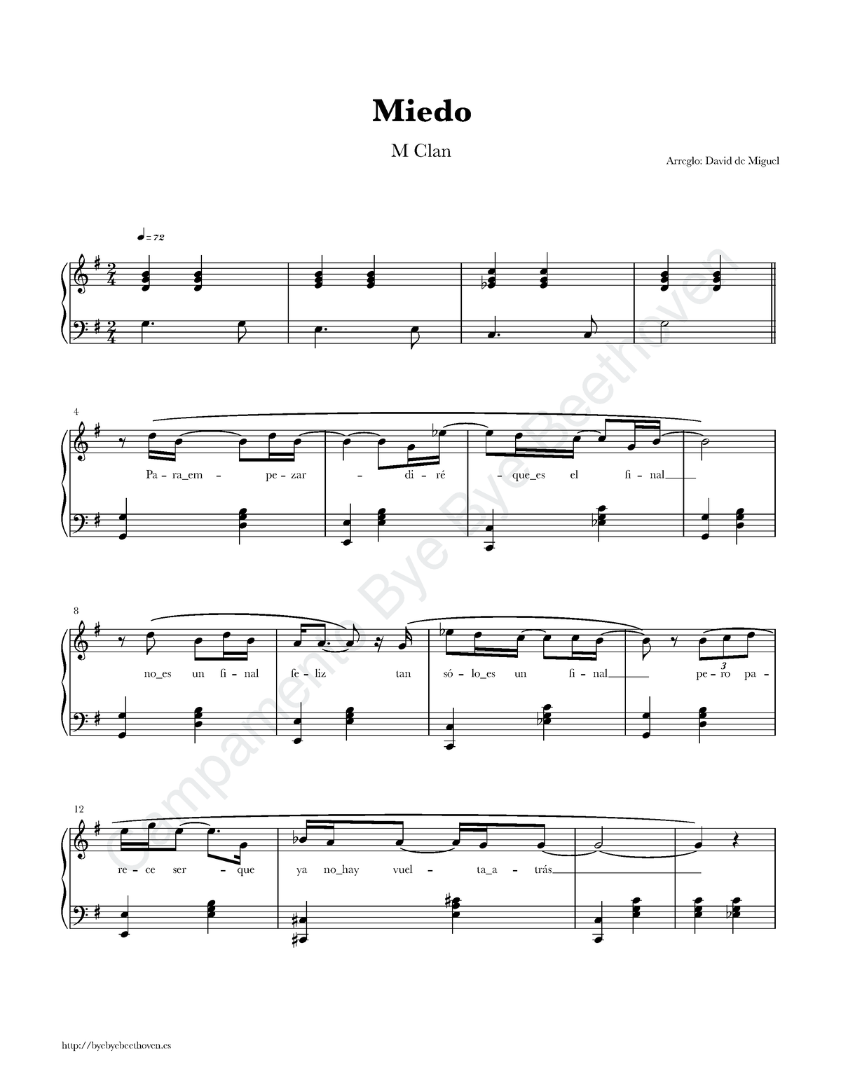 Máxima Evaluación embarazada Partitura Piano Miedo M Clan - Campamento Bye Bye Beethoven Miedo Arreglo:  David de Miguel M Clan - Studocu