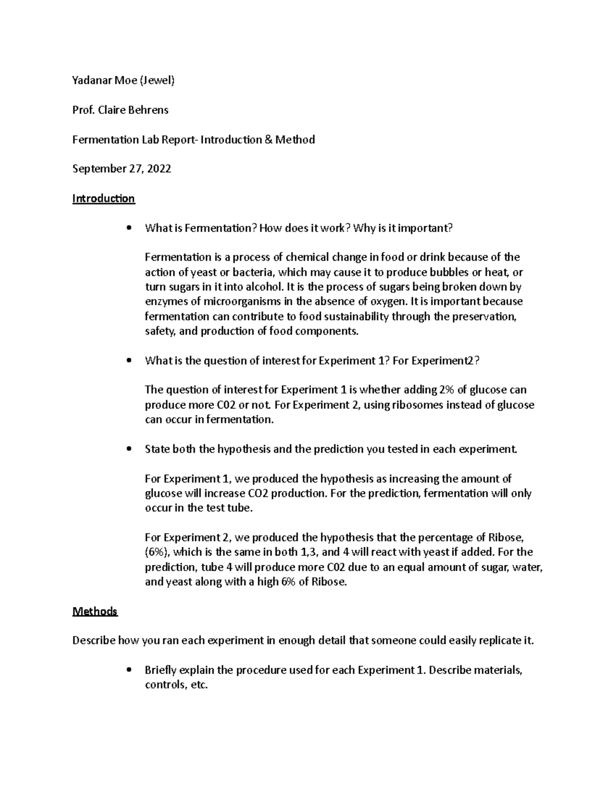 Fermentation Lab Report Yadanar Moe (Jewel) Prof. Claire Behrens