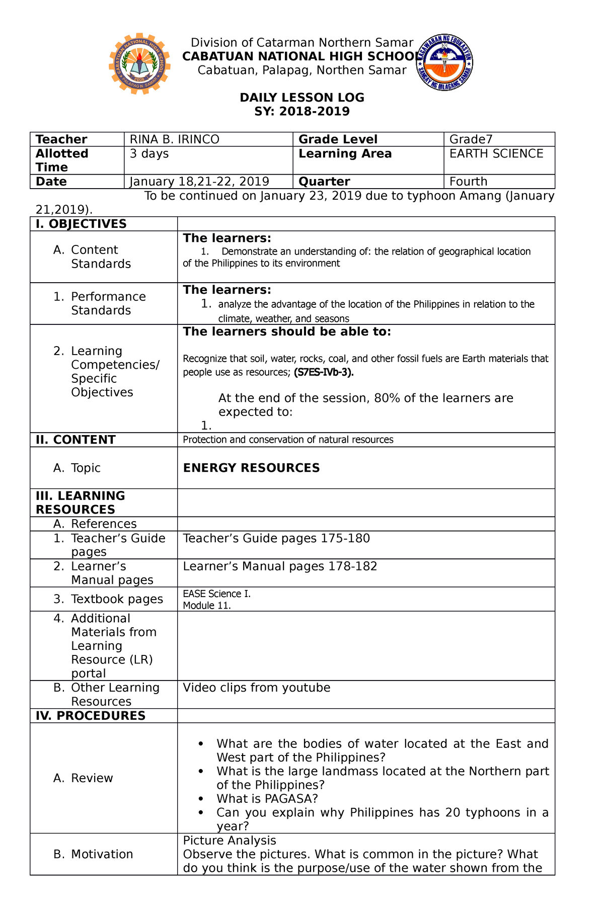 DLL Energy Resources - SCIENCE 7 DLL - Division of Catarman Northern ...