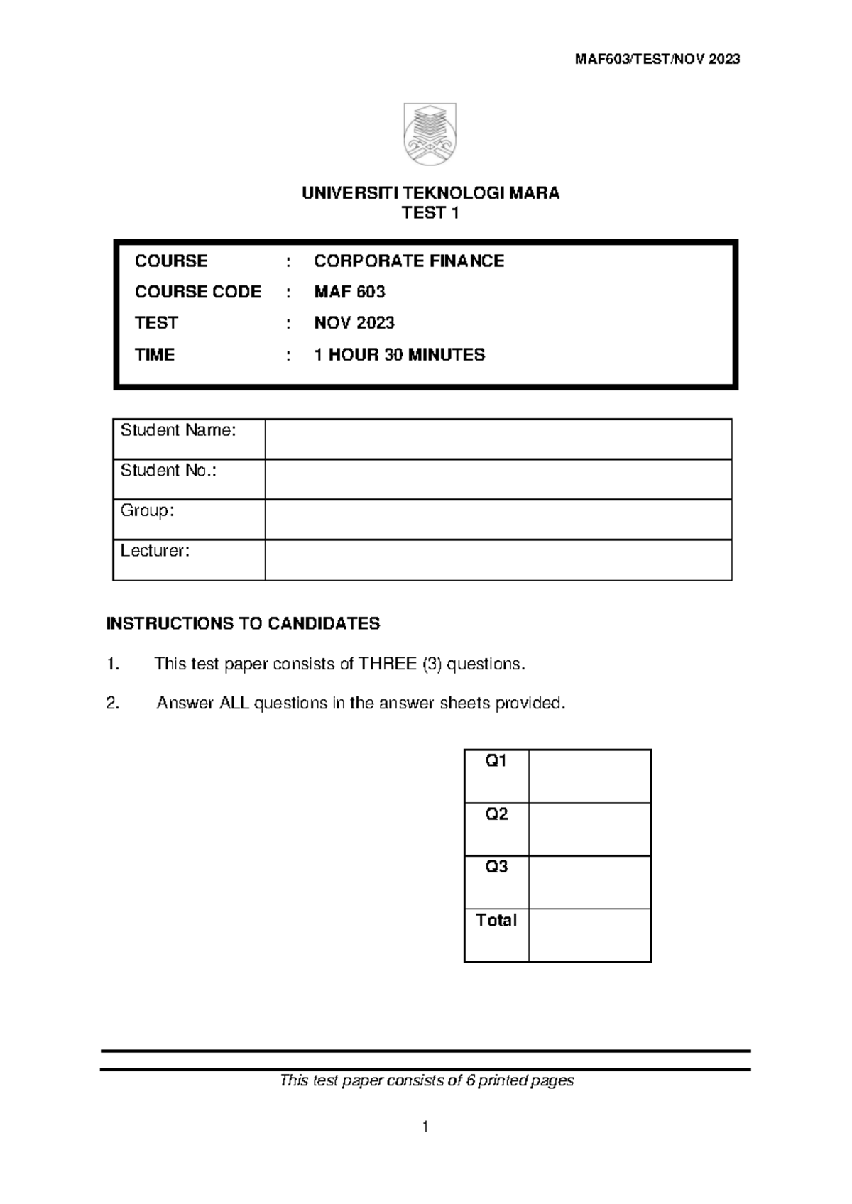 TEST 1 OKT 2023 QQ - Test - UNIVERSITI TEKNOLOGI MARA TEST 1 COURSE ...