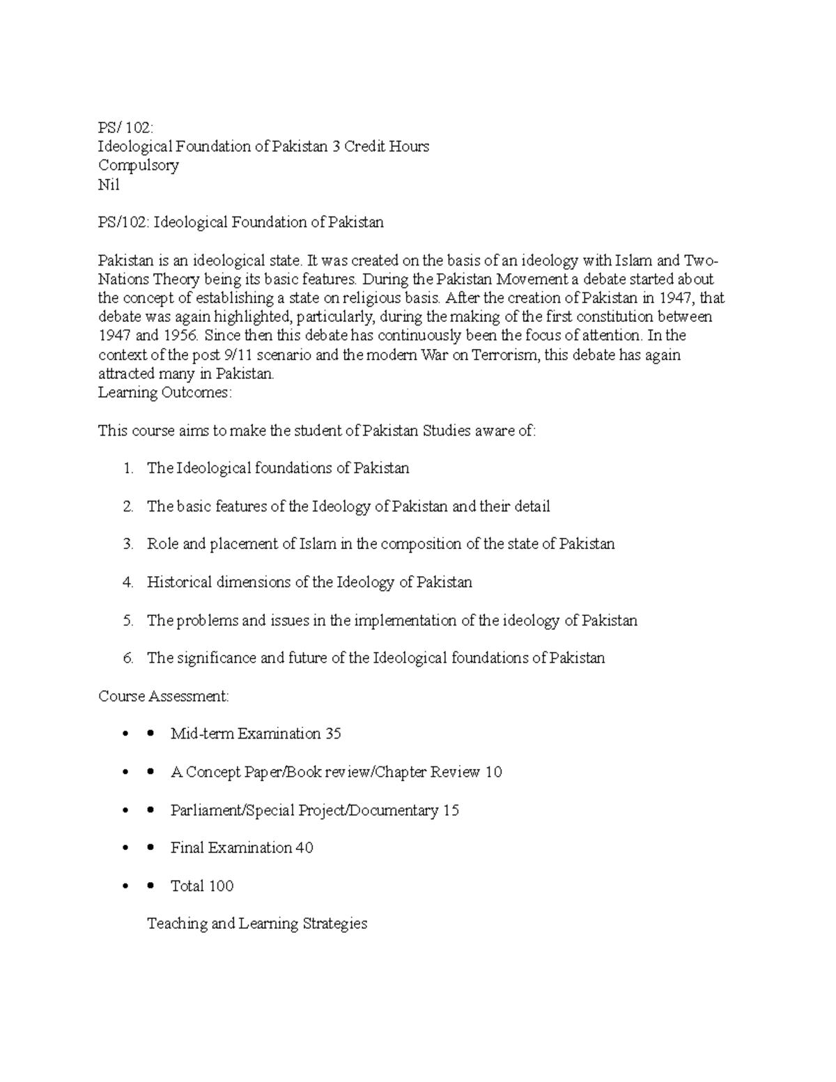 Ideology of Pakistan Course Outline - PS/ 102: Ideological Foundation ...