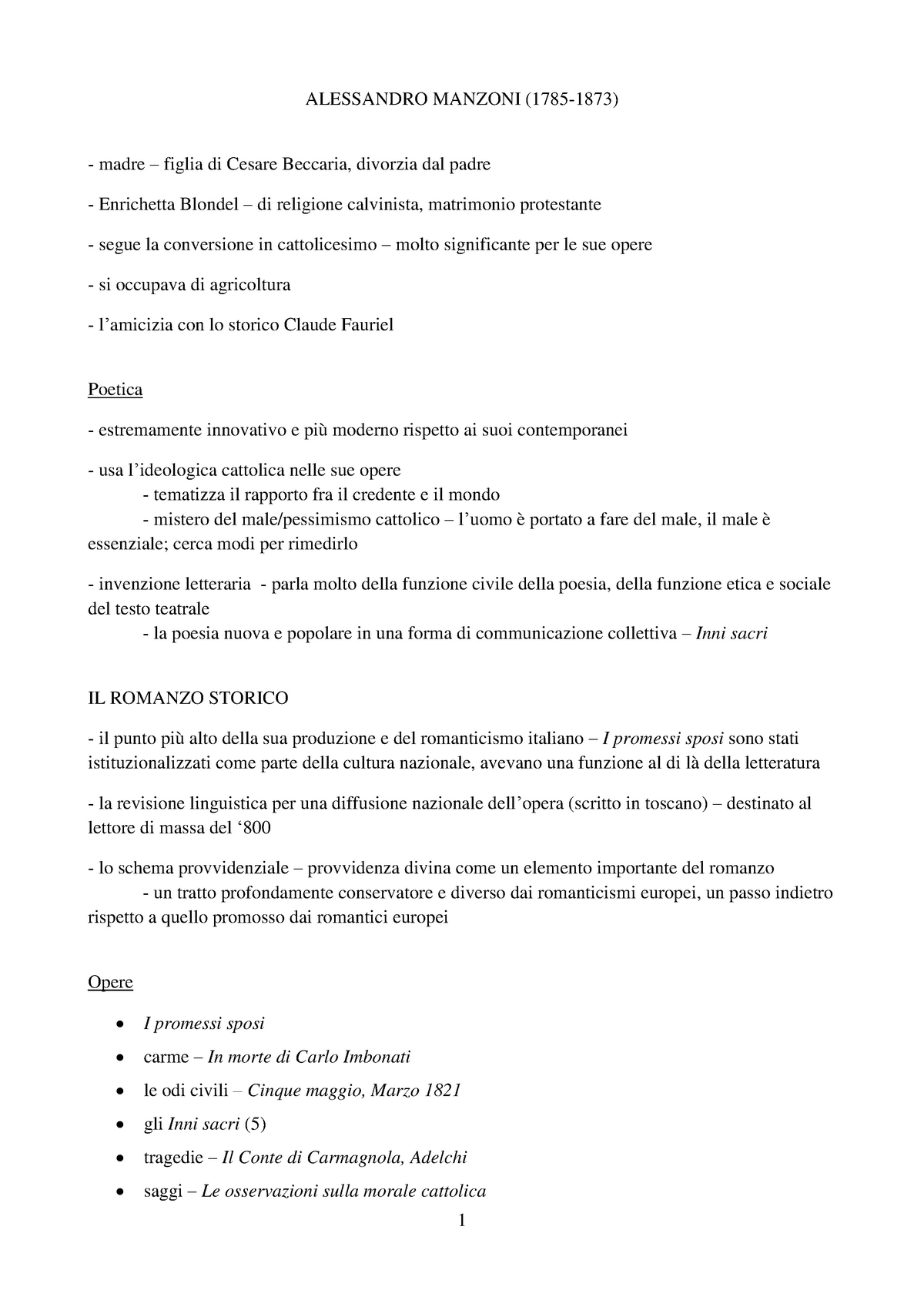 Alessandro Manzoni Lecture Notes 5 Alessandro Manzoni 1785 1873 Madre Figlia Di Cesare Beccaria Divorzia Dal Padre Enrichetta Blondel Di Religione Calvinista Studocu