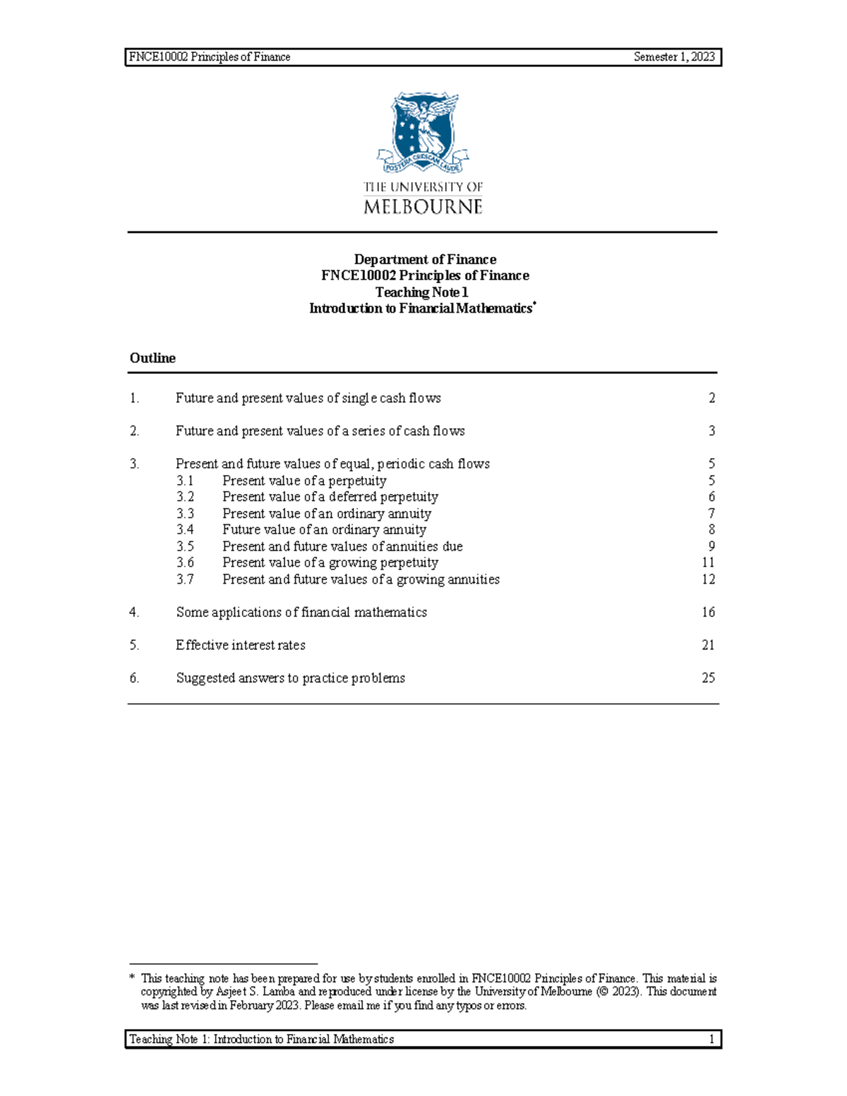 Teaching Note 1 Finance formulas Department of Finance FNCE10002