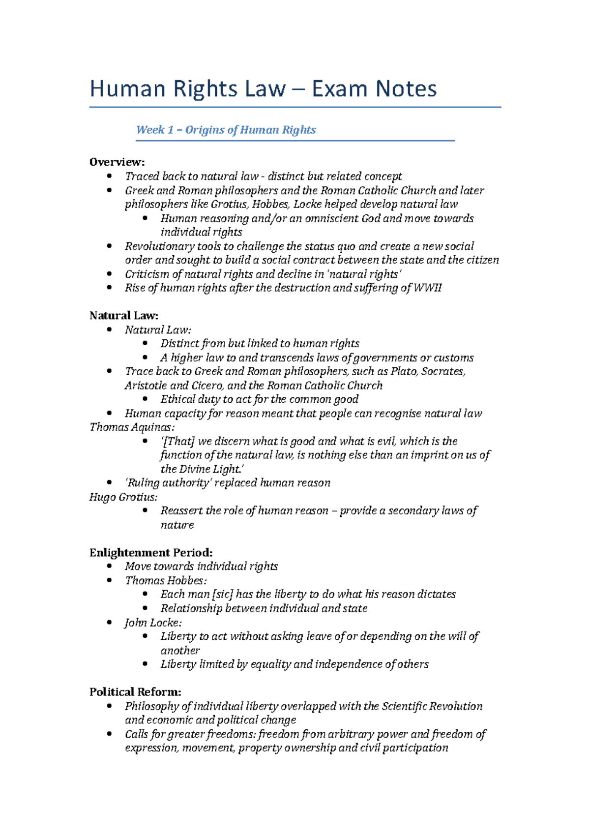 Lecture notes, lectures Week 1 - 12 - Human Rights Law Exam Notes Week ...
