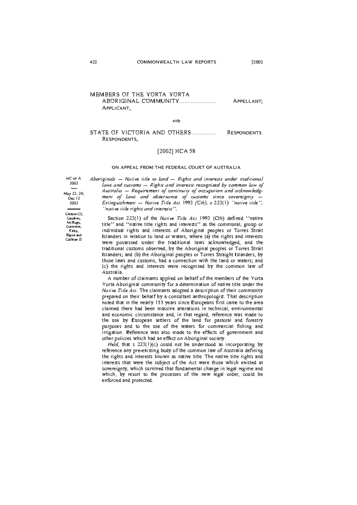 214 CLR 422 assigment 422 COMMONWEALTH LAW REPORTS [ MEMBERS OF THE
