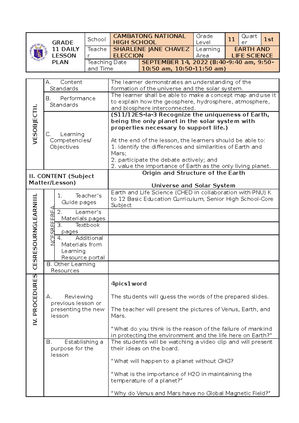 Sept 14,2022 lp - WEE - GRADE 11 DAILY LESSON PLAN School CAMBATONG ...