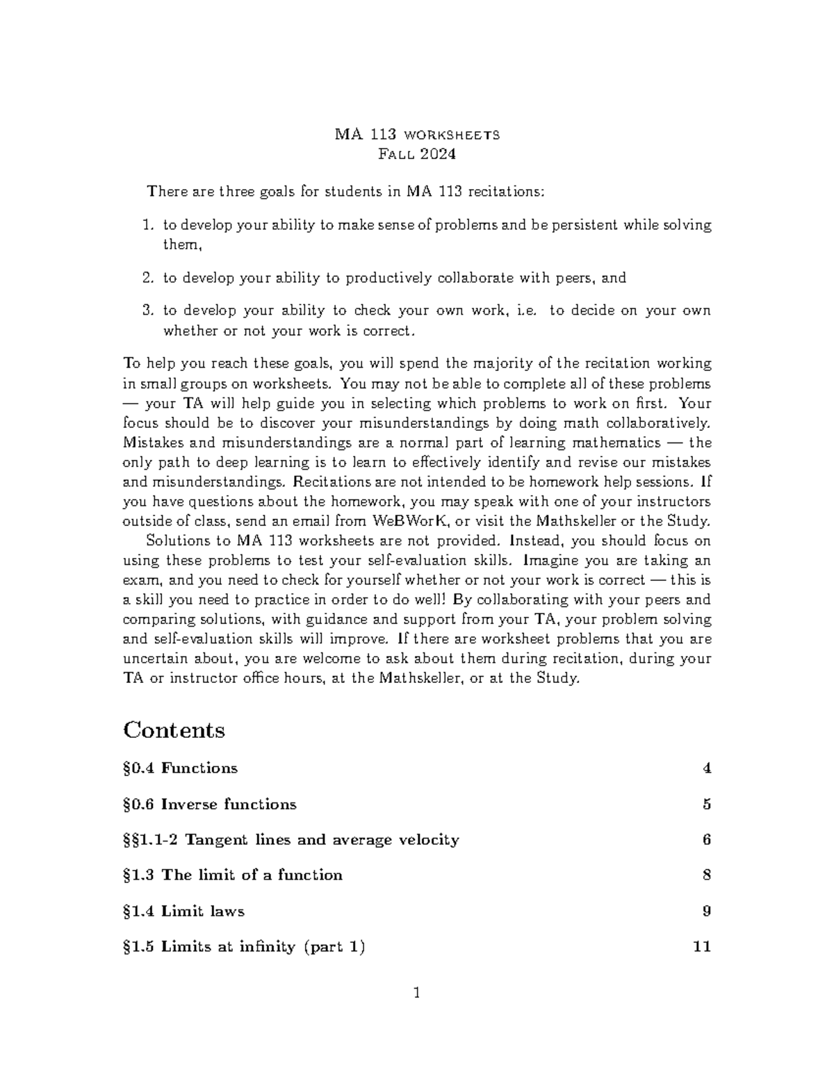 Worksheets - Worksheet questions - MA 113 worksheets Fall 2024 There ...
