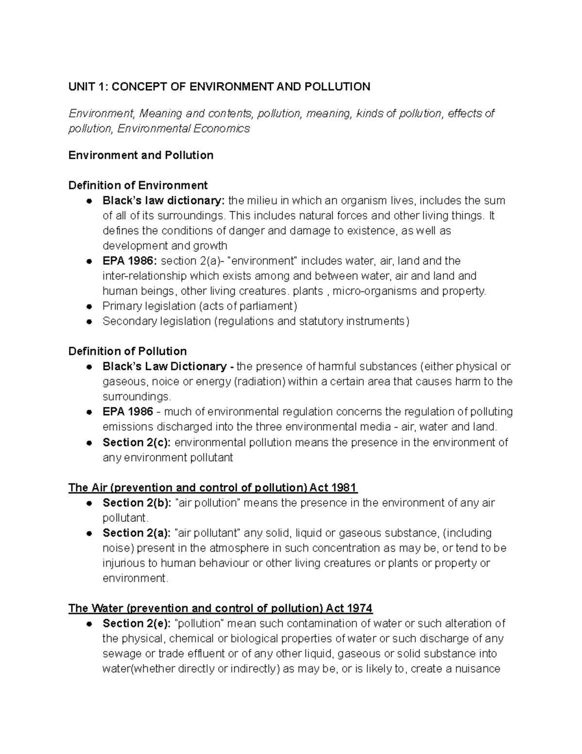 Environment law Notes from Class UNIT 1 CONCEPT OF ENVIRONMENT AND