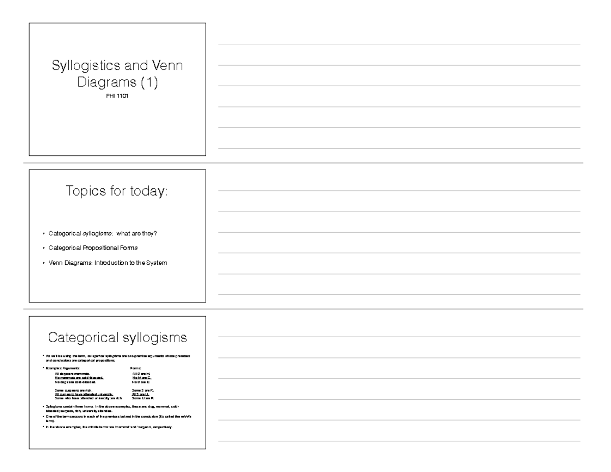Slides 7 handout - notes - Syllogistics and Venn Diagrams (1) PHI 1101 ...