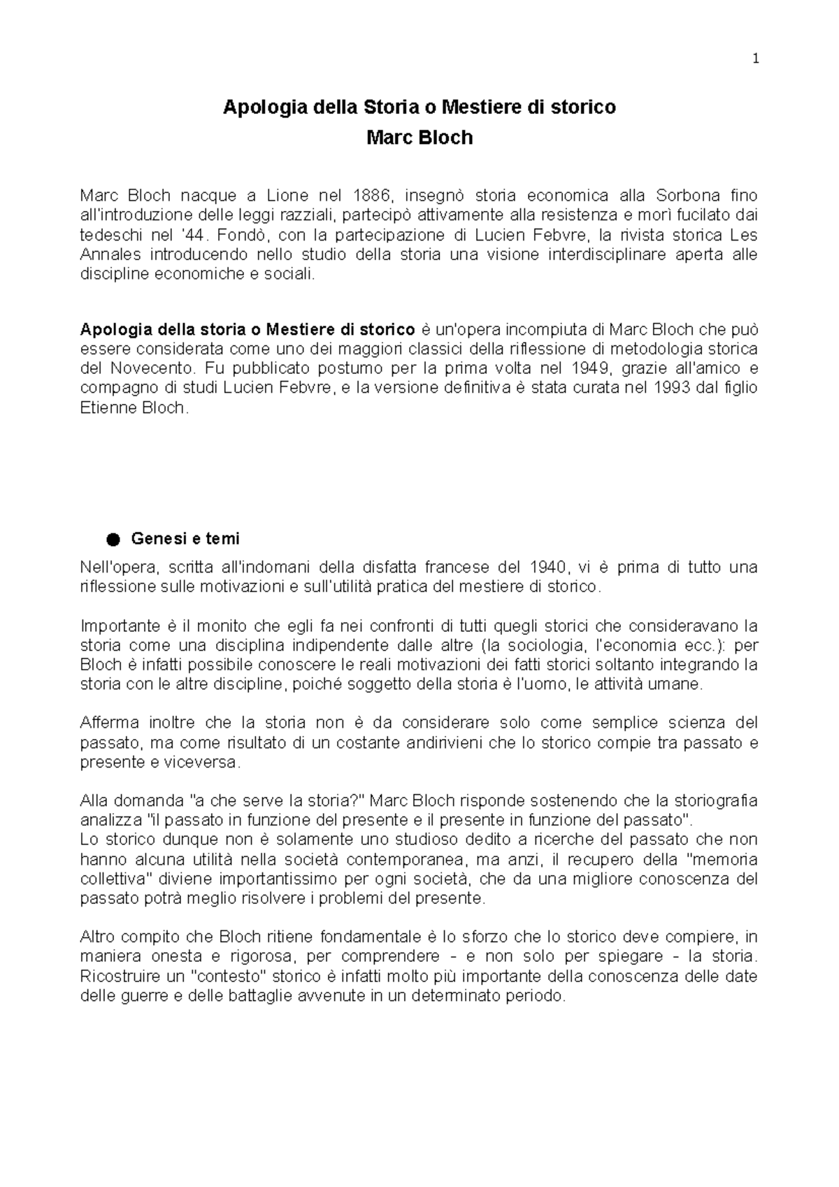 Apologia della storia Marc Bloch 1 Apologia della Storia o Mestiere