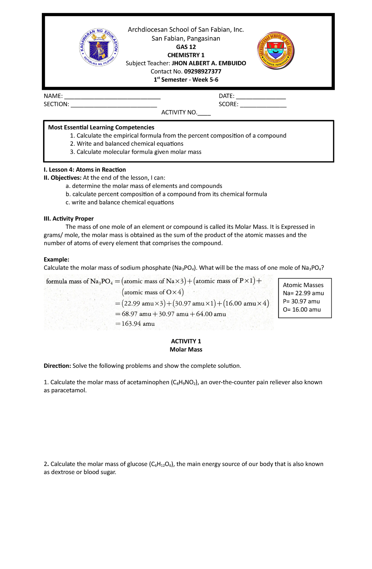 CHEM1 W5-7 - ACTIVITIES - Archdiocesan School of San Fabian, Inc. San ...