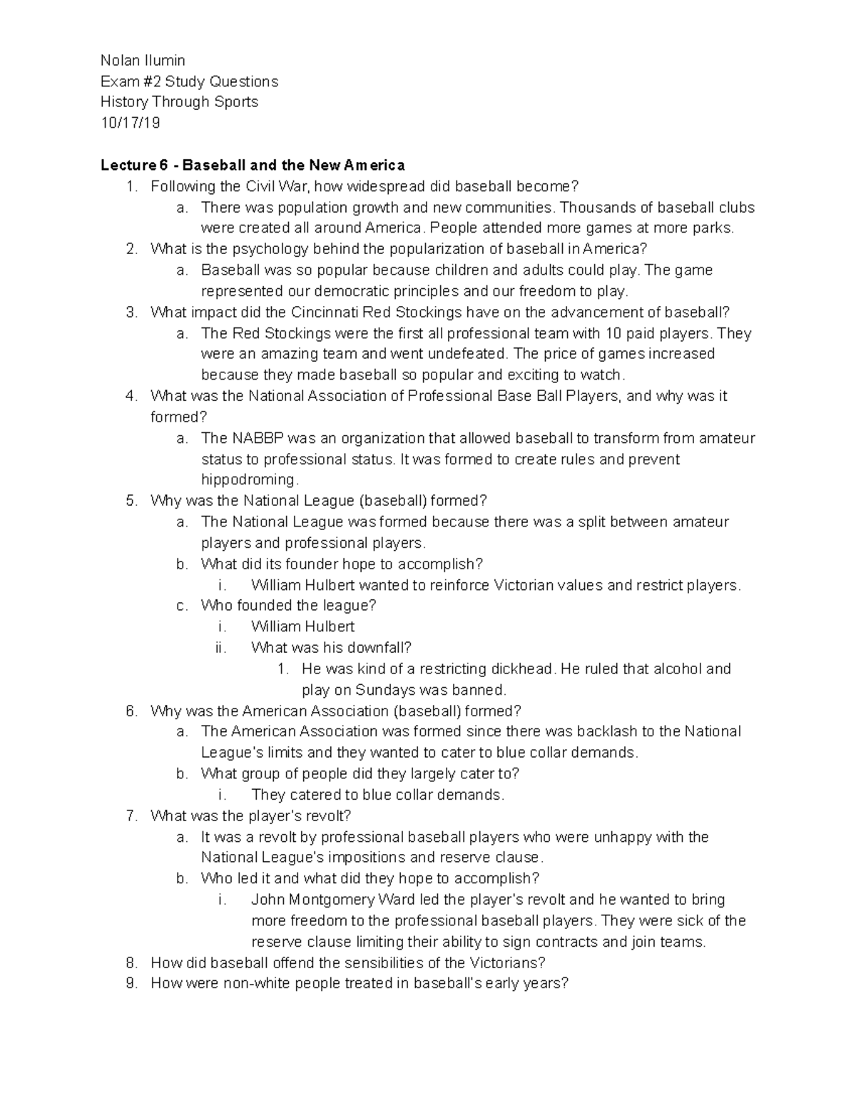 Sports History Exam #2 Study Guide - Nolan Ilumin Exam #2 Study ...