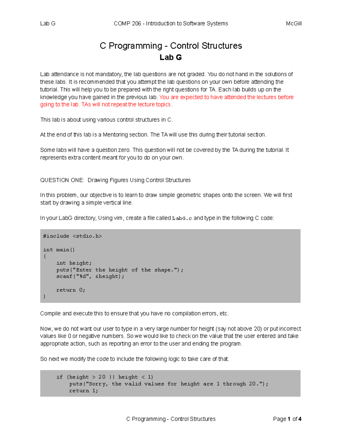 COMUPTER206-LAB - C Programming - Control Structures Lab G Lab ...