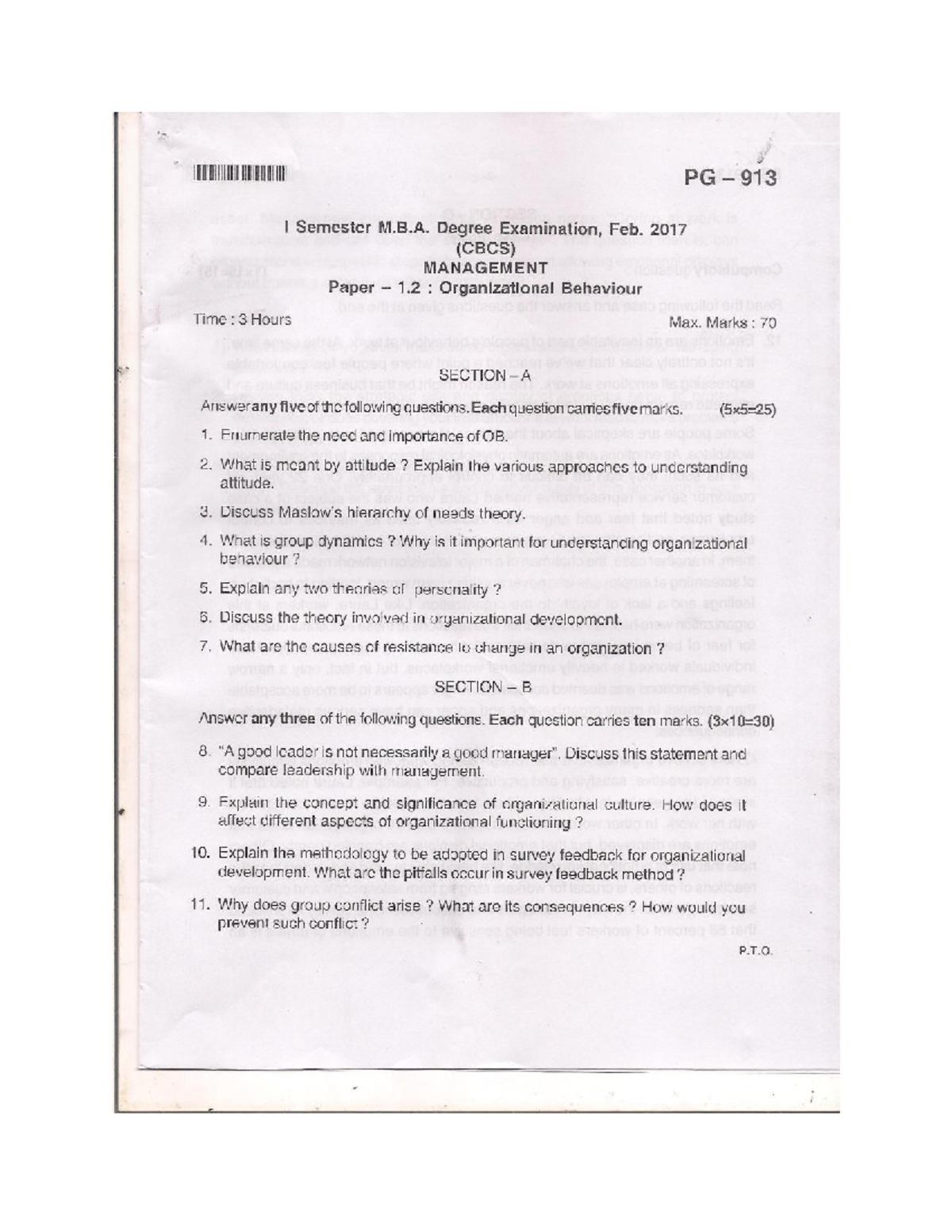 Cbcs organisational behaviour 2017 pg 913 i semester m b degree