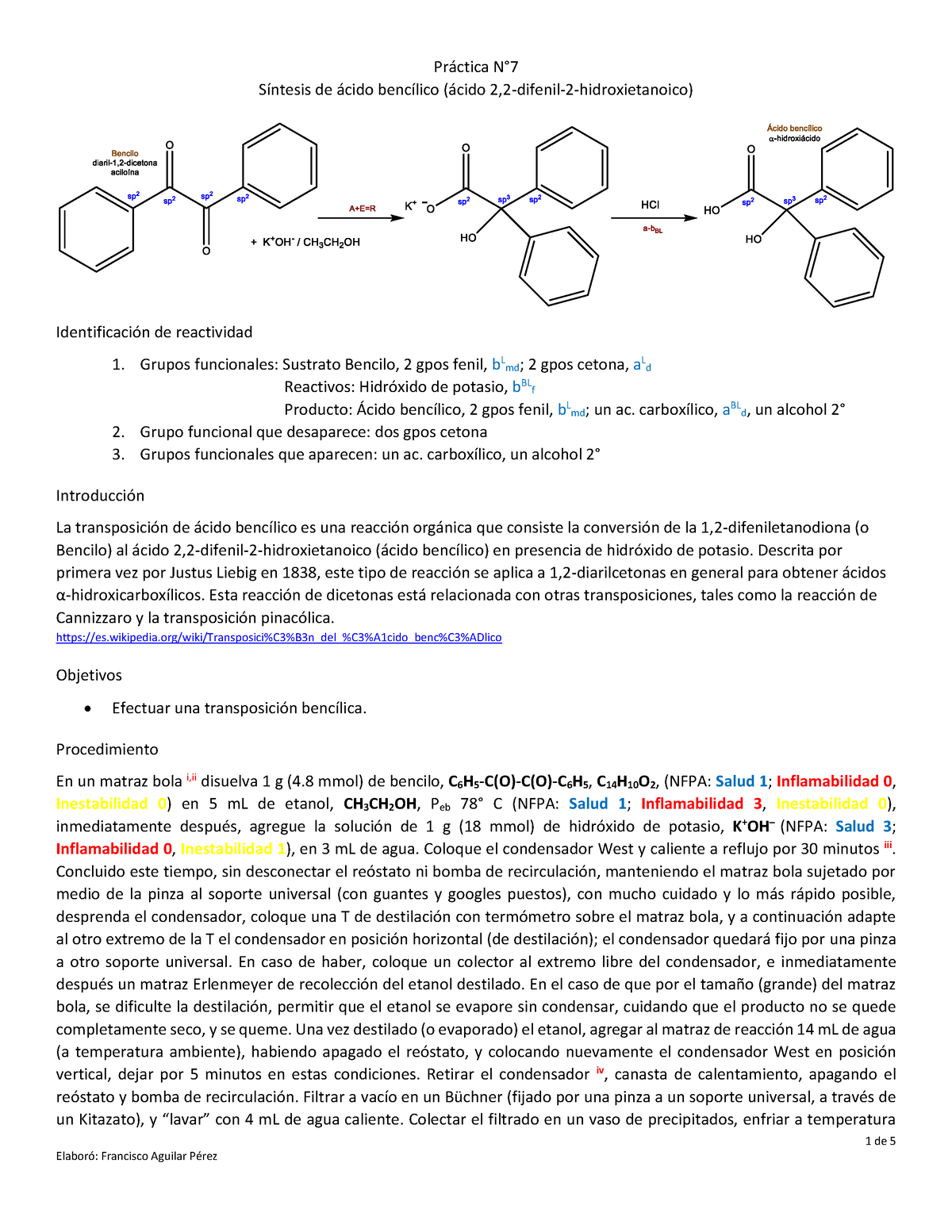Práctica 7 Ácido Bencílico 1 De 5 Práctica N° 7 Síntesis De ácido Bencílico ácido 22 5334