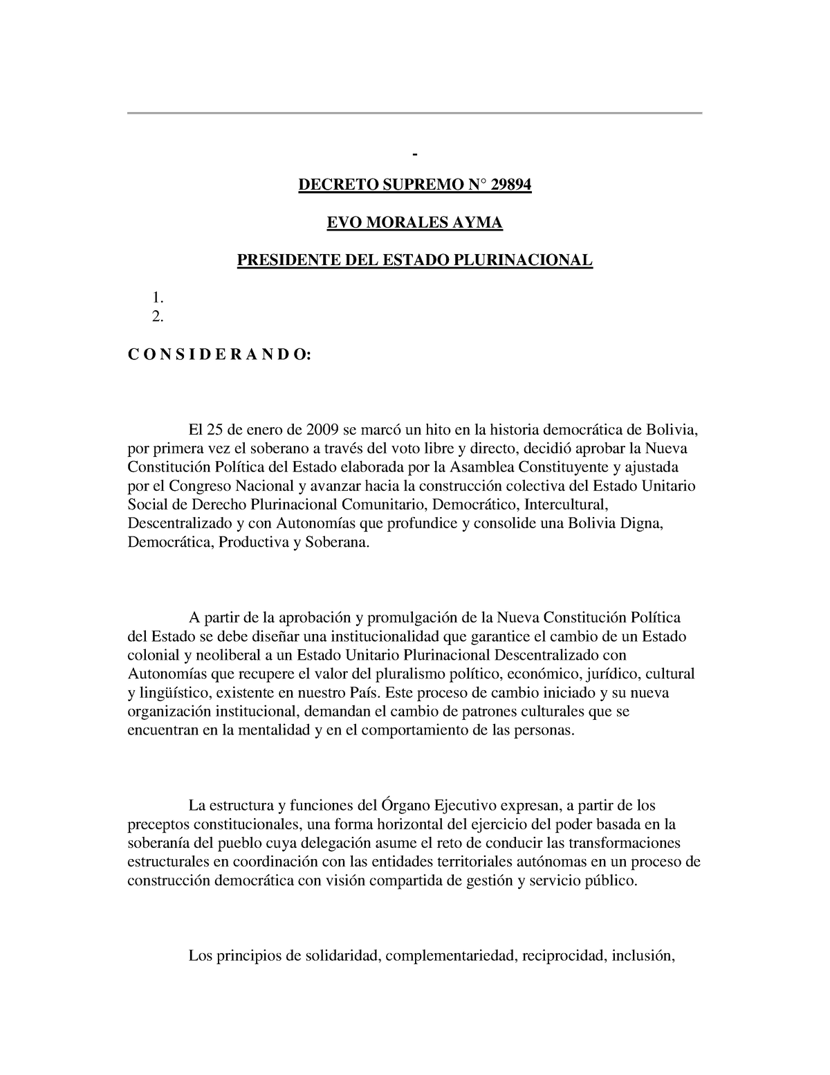 2009 - DS 29894 - Estructura Del Órgano Ejecutivo - DECRETO SUPREMO N ...