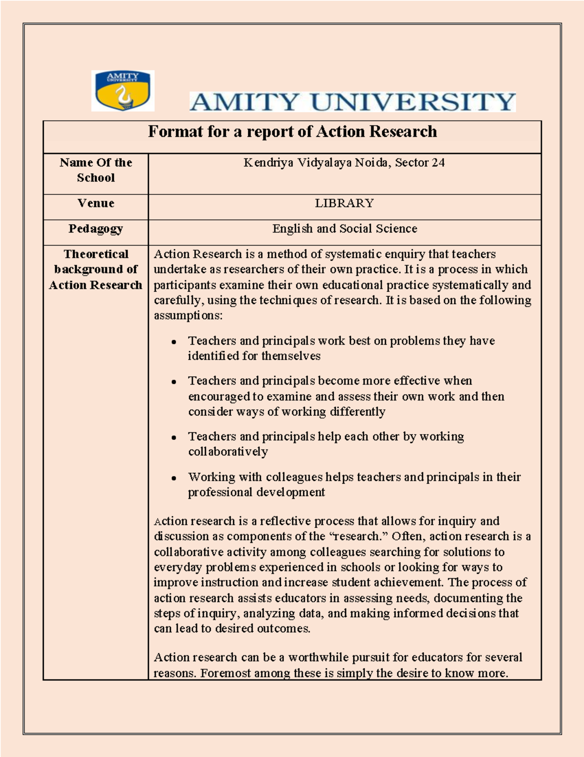 Action Research Final - part of school internship - Format for a report ...