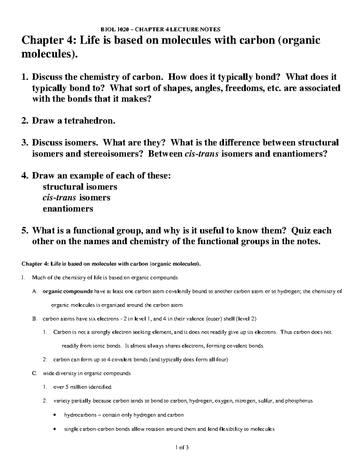 Chapter 4: Organic Molecules - BIOL 1020 – CHAPTER 4 LECTURE NOTES 1 of ...