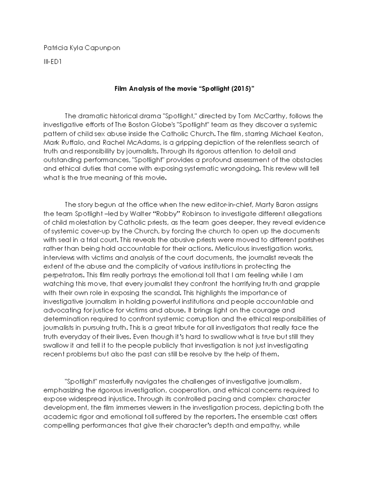 Film Analysis of the movie “Spotlight (2015 )” - Patricia Kyla Capunpon ...