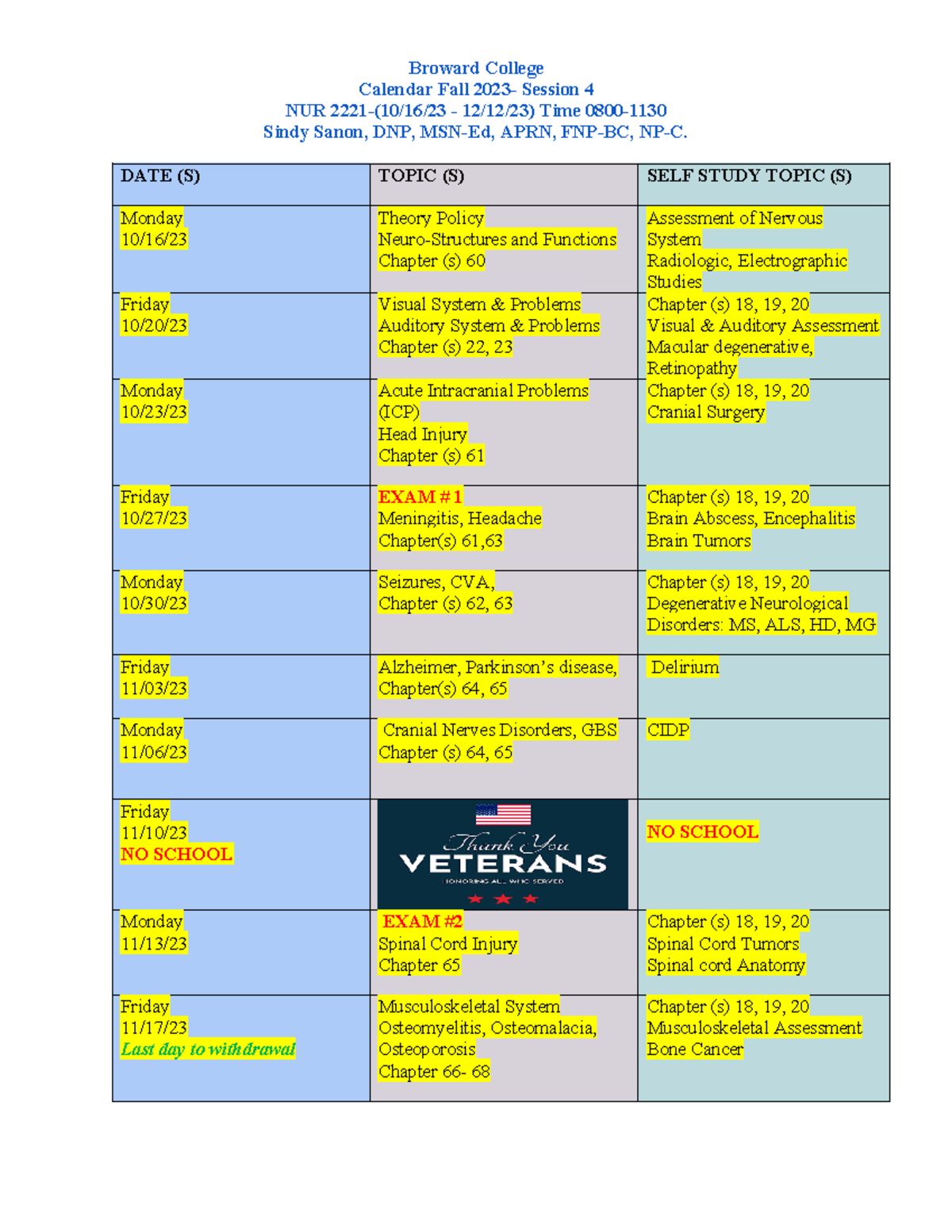NUR 2221 Calendar Fall 2023 Broward College Calendar Fall 2023