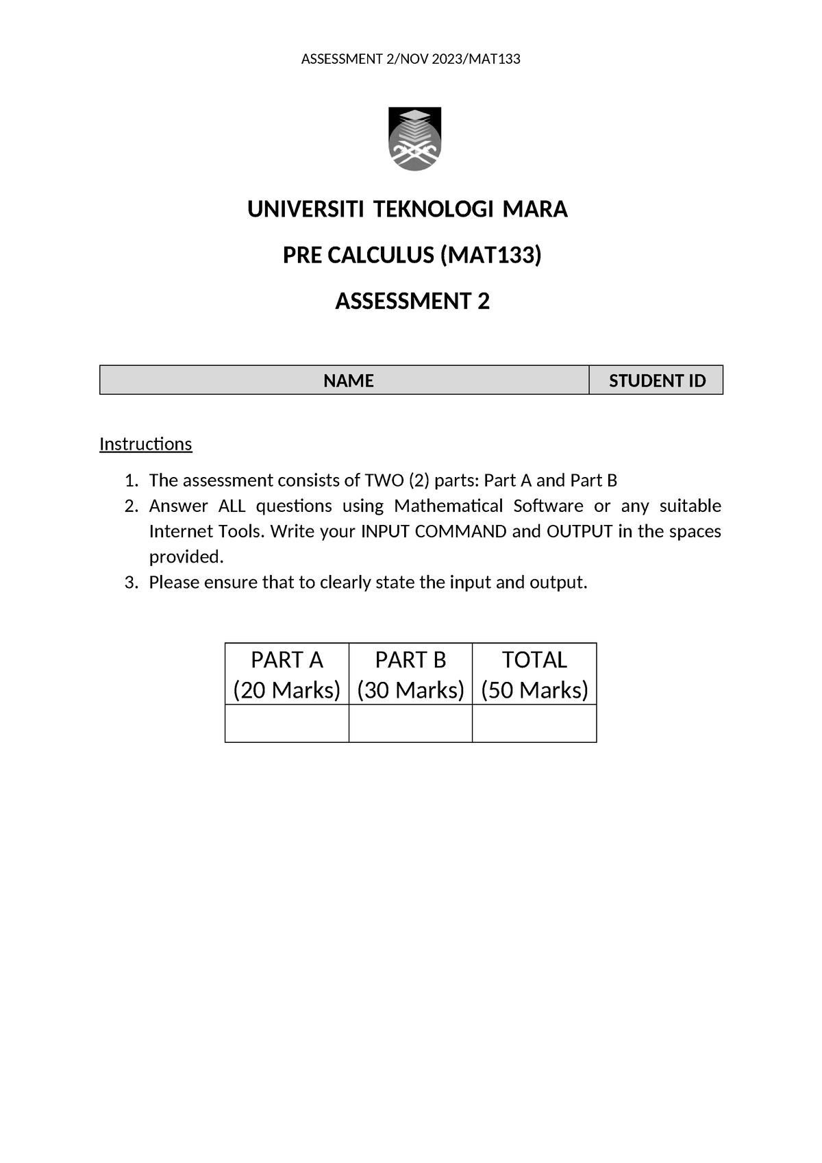 PRE Calculus ( Assement 2) - UNIVERSITI TEKNOLOGI MARA PRE CALCULUS ...