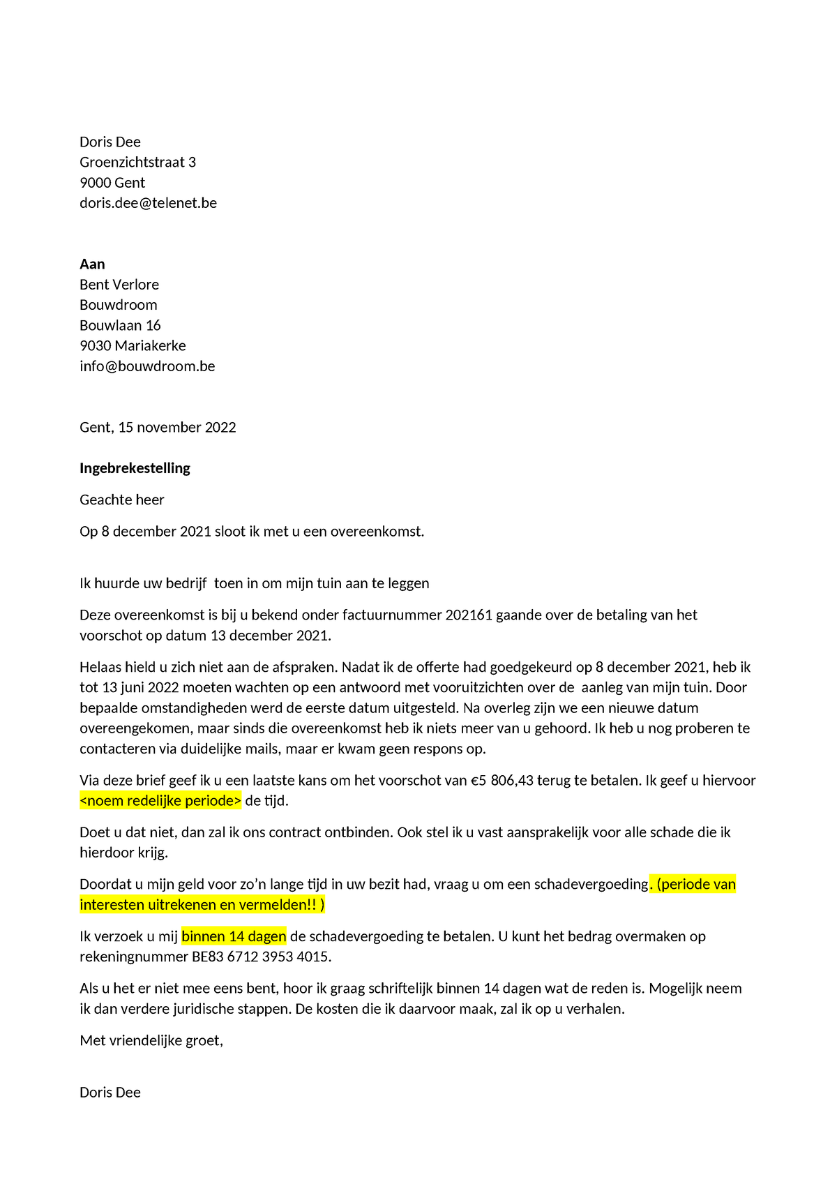 Voorbeeldbrief Ingebrekestelling - Doris Dee Groenzichtstraat 3 9000 ...