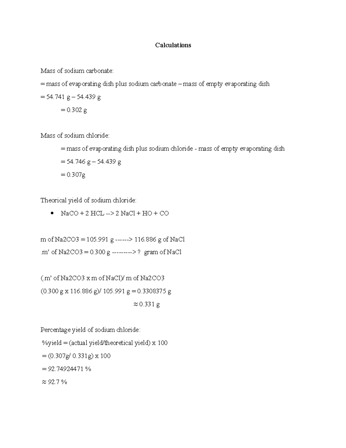 Chemistry Lab 1 Calculations Mass of sodium carbonate = mass of