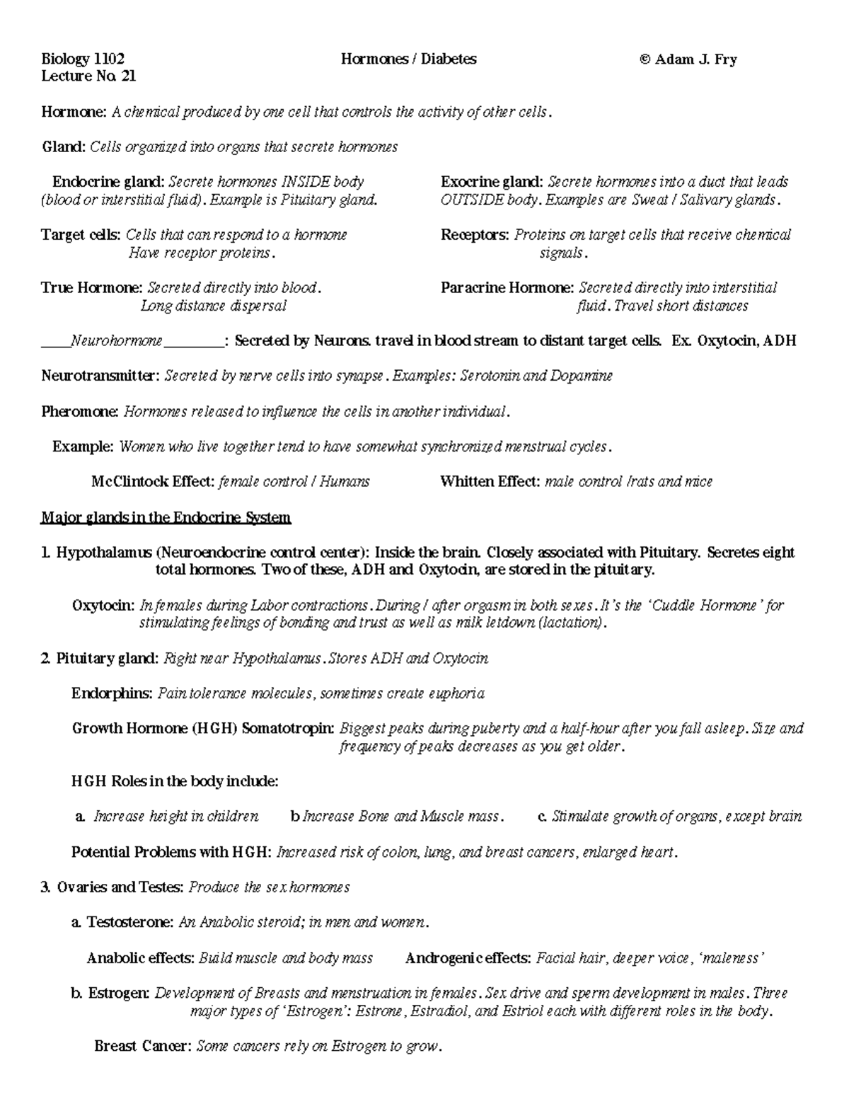 Biol1102Lec No 21 - Biol Notes Lecture 21 - Biology 1102 Hormones ...