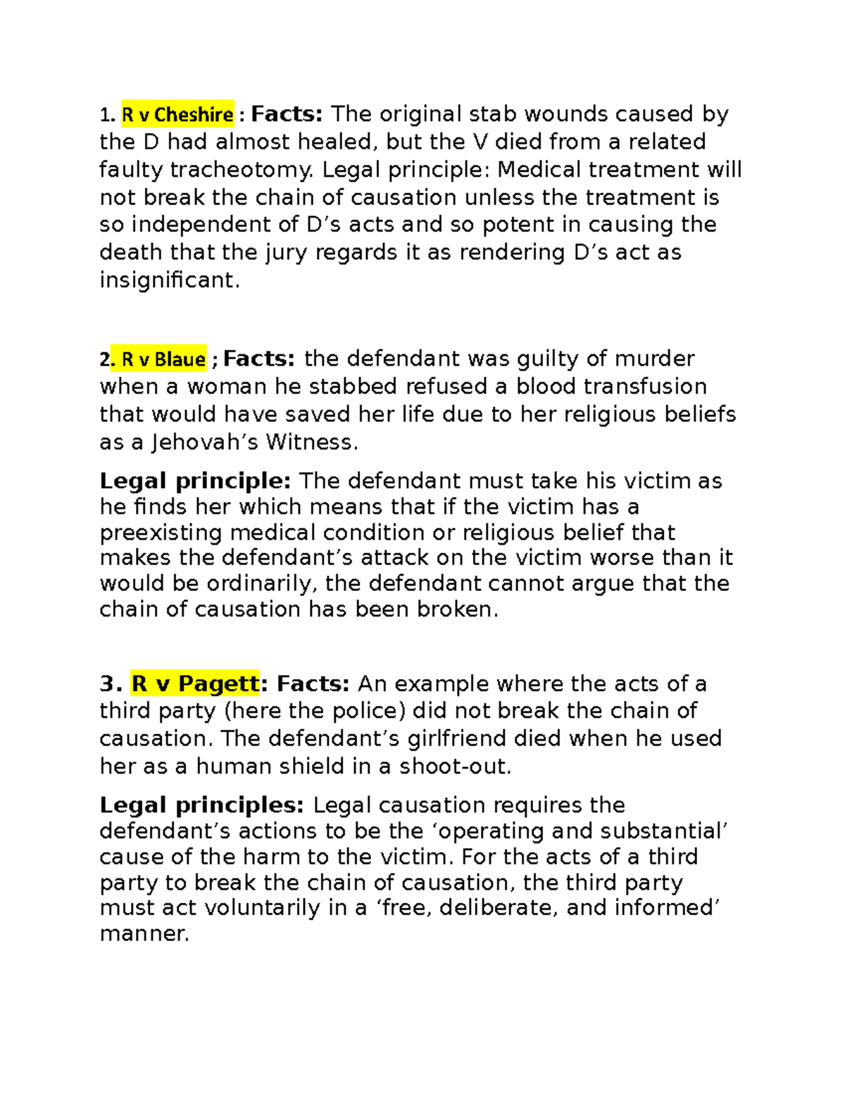 Criminal law causation cases R v Cheshire Facts The original stab
