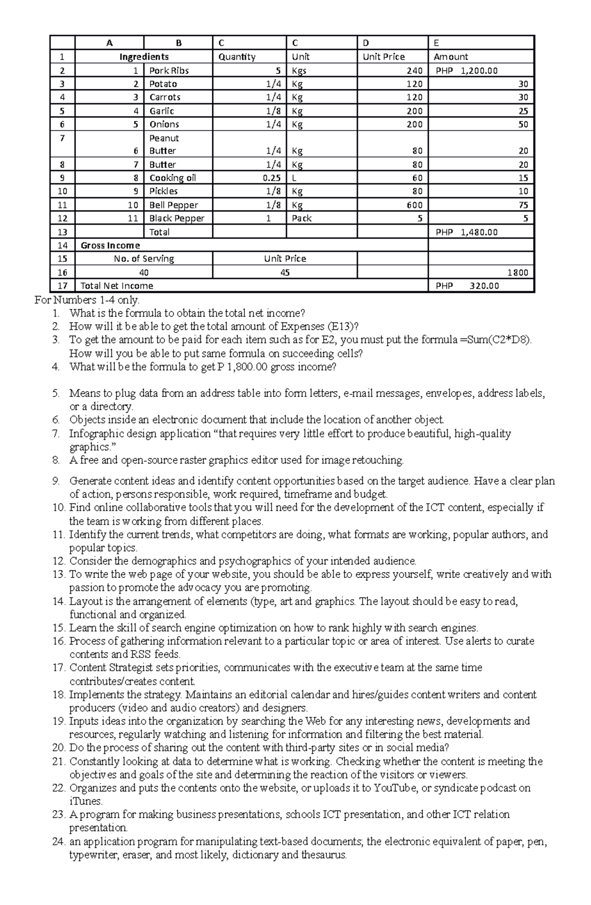 EMP Review for exam A B C C D E 1 Ingredients Quantity Unit Unit