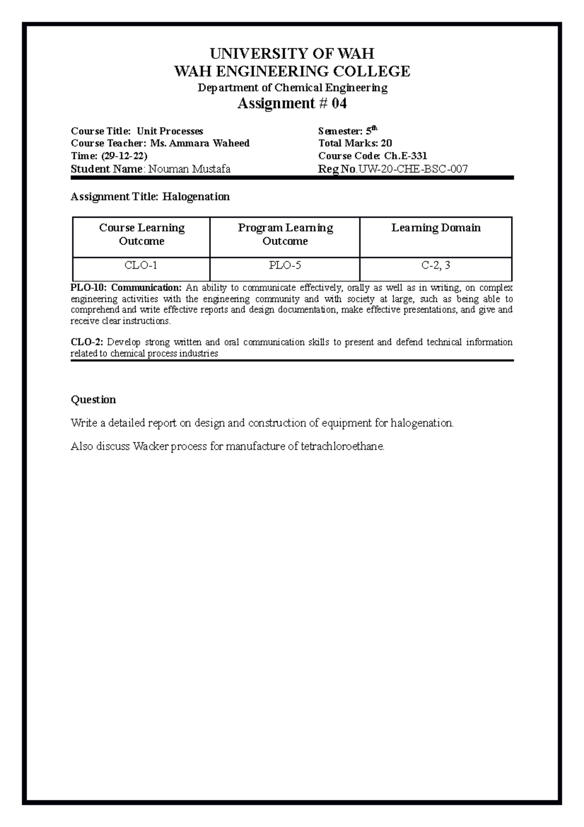 Assignment 4 UP 007 - UNIVERSITY OF WAH WAH ENGINEERING COLLEGE ...
