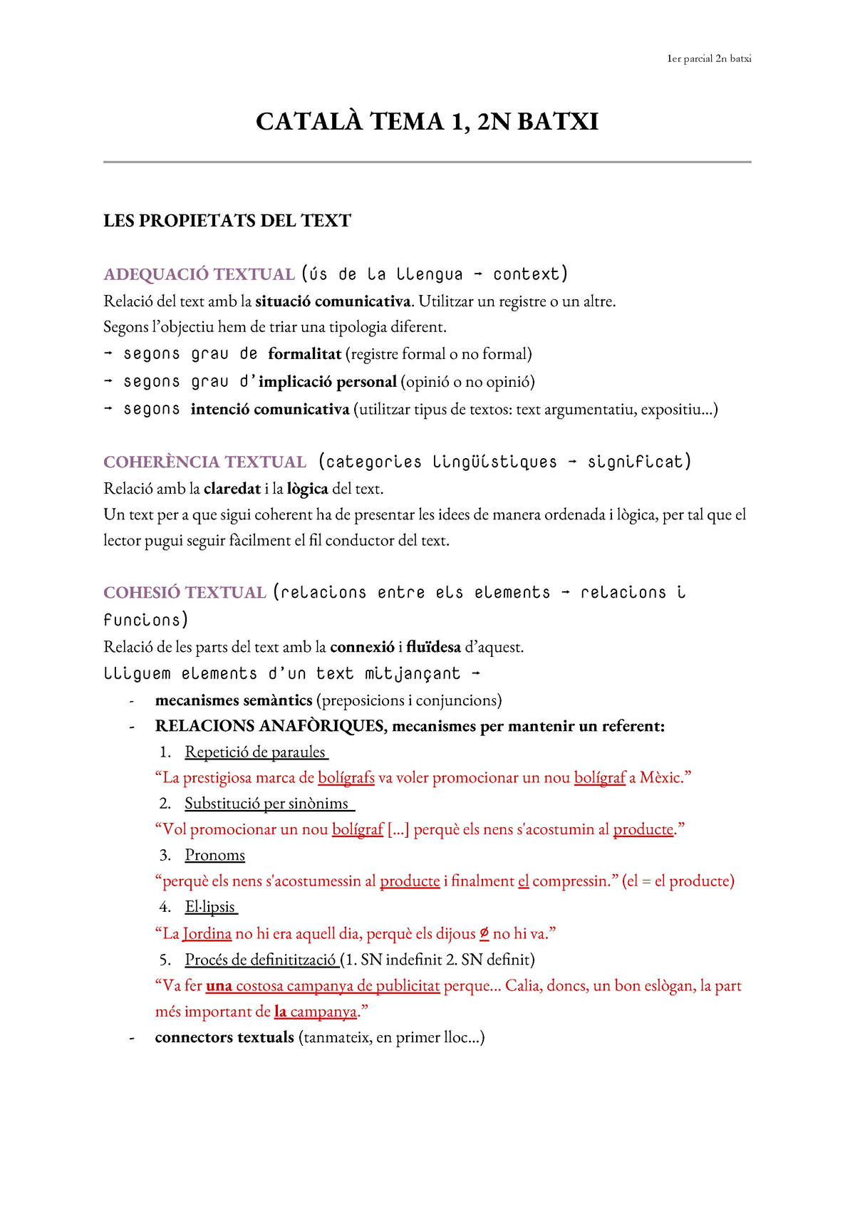 Català TEMA 1, 2N Batxi - Les Propietats Del Text + Relacions Lògiques ...