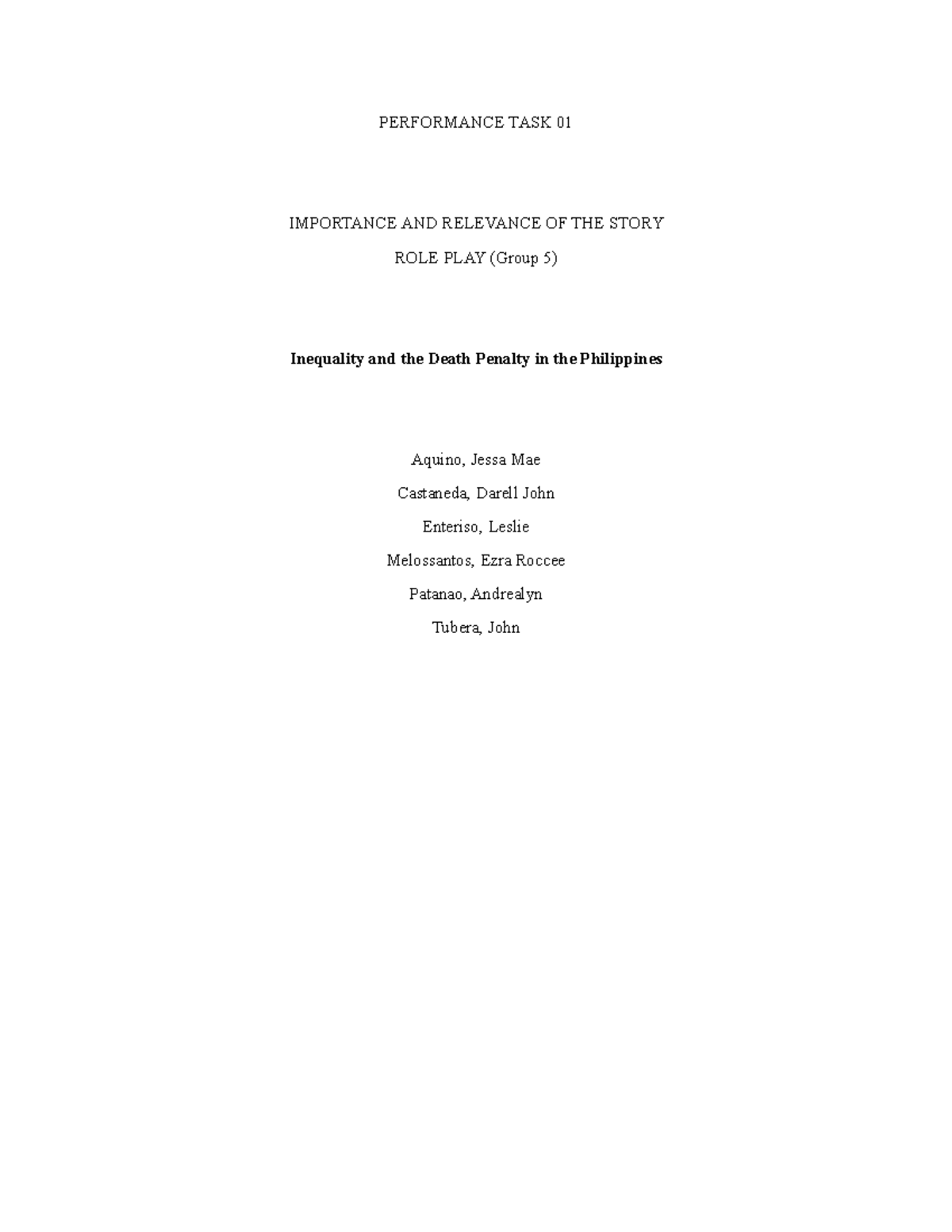GRP 5 Performance TASK 01 - PERFORMANCE TASK 01 IMPORTANCE AND ...