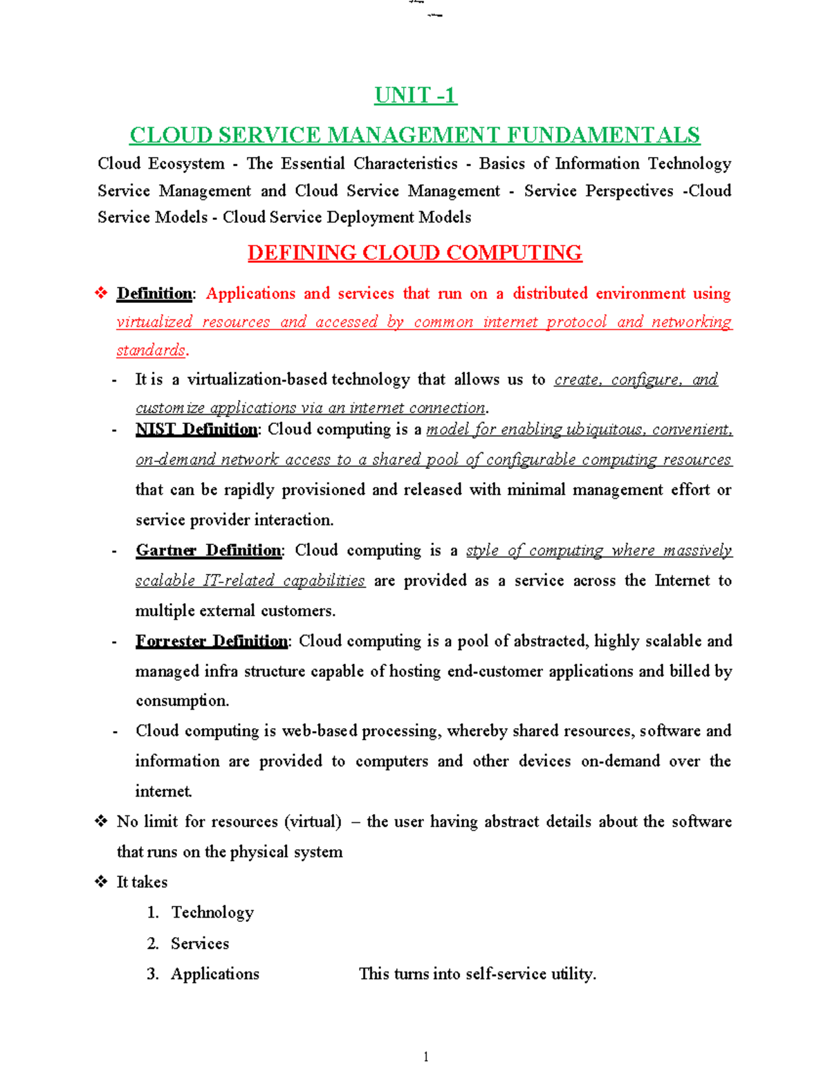 Csm notes 240425 113320 - lOMoAR cPSD| 23067416 UNIT - 1 CLOUD SERVICE ...