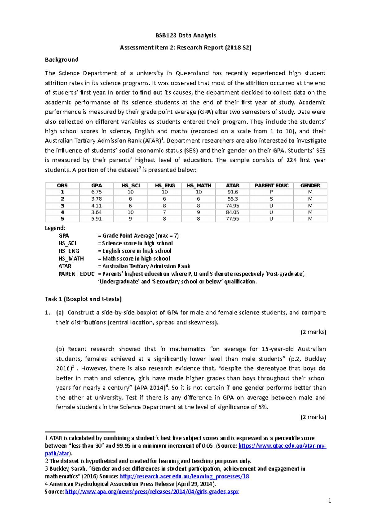 BSB123 Research Report Task Sheet 2018 S2 v2 BSB123 Data Analysis