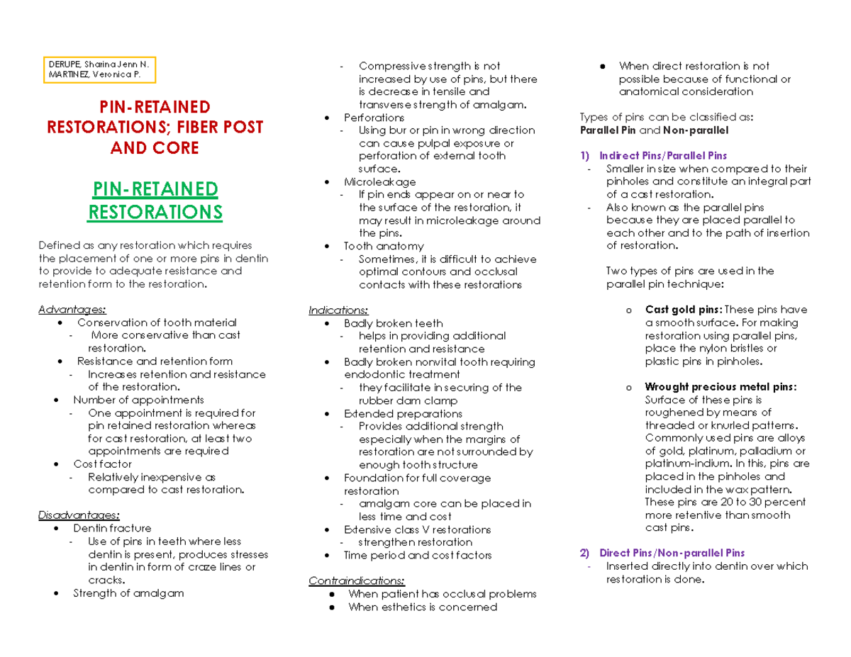 Pin Retained Fiber Post and Core Derupe Martinez DERUPE, Sharina Jenn