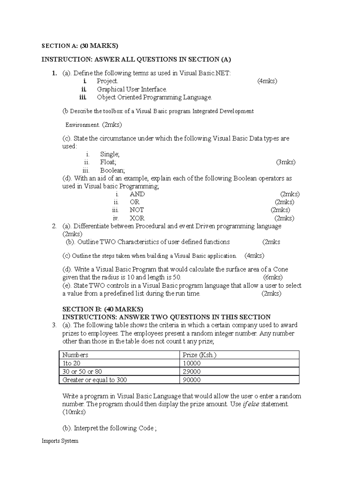 Visual Basic Programming.NET (EXAM TWO) - SECTION A: (30 MARKS ...