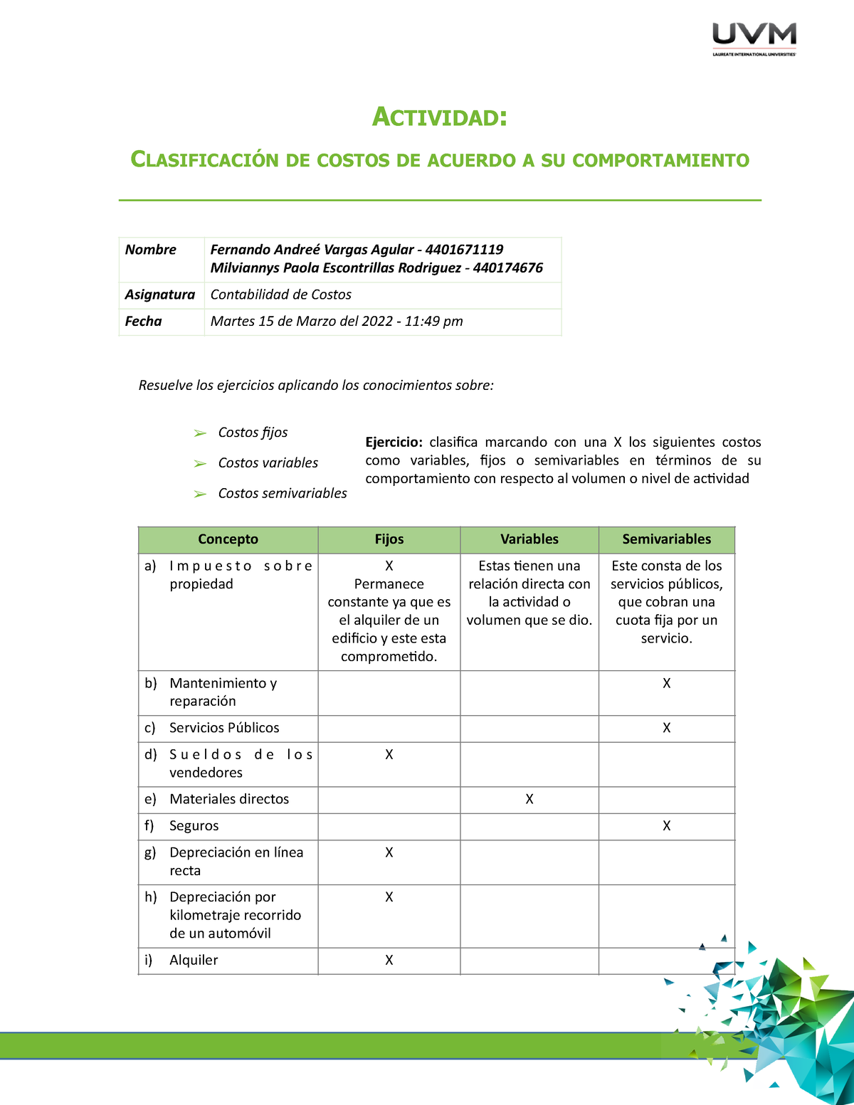 Matriz De Clasificación (b) - ACTIVIDAD: CLASIFICACIÓN DE COSTOS DE ...