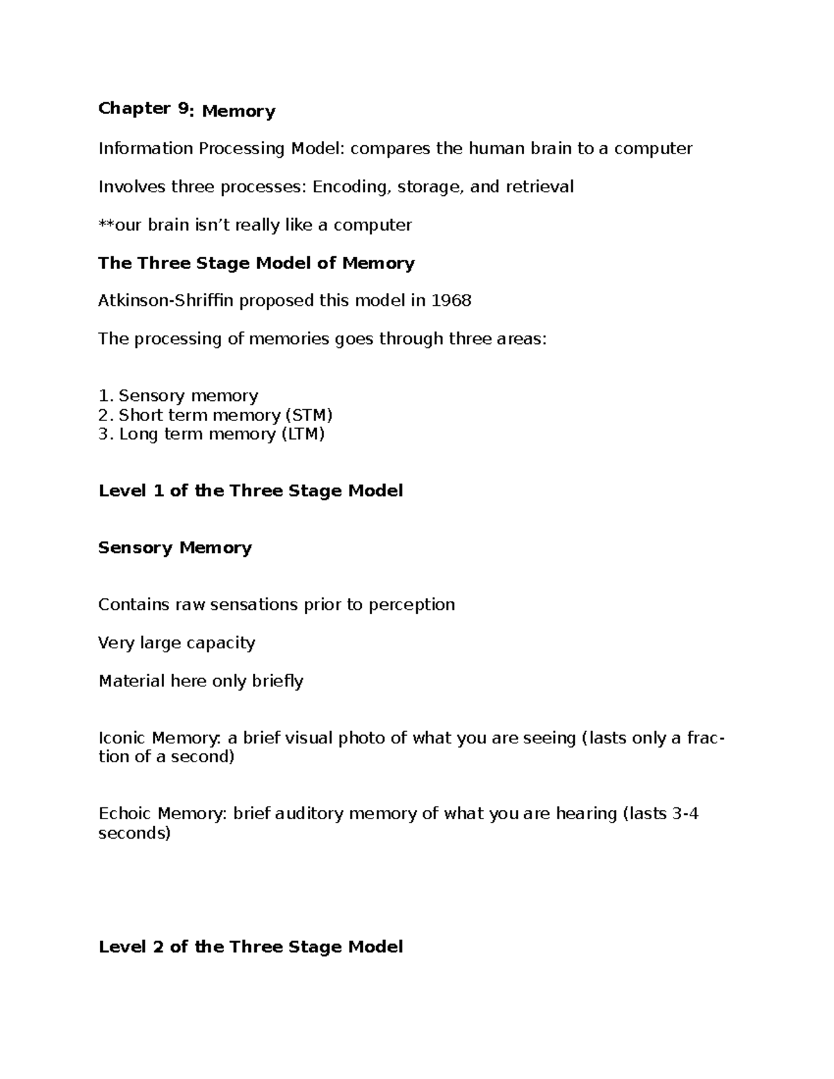 Psych 100 Unit 9 - Lecture notes Unit 9 - Chapter 9: Memory Information ...