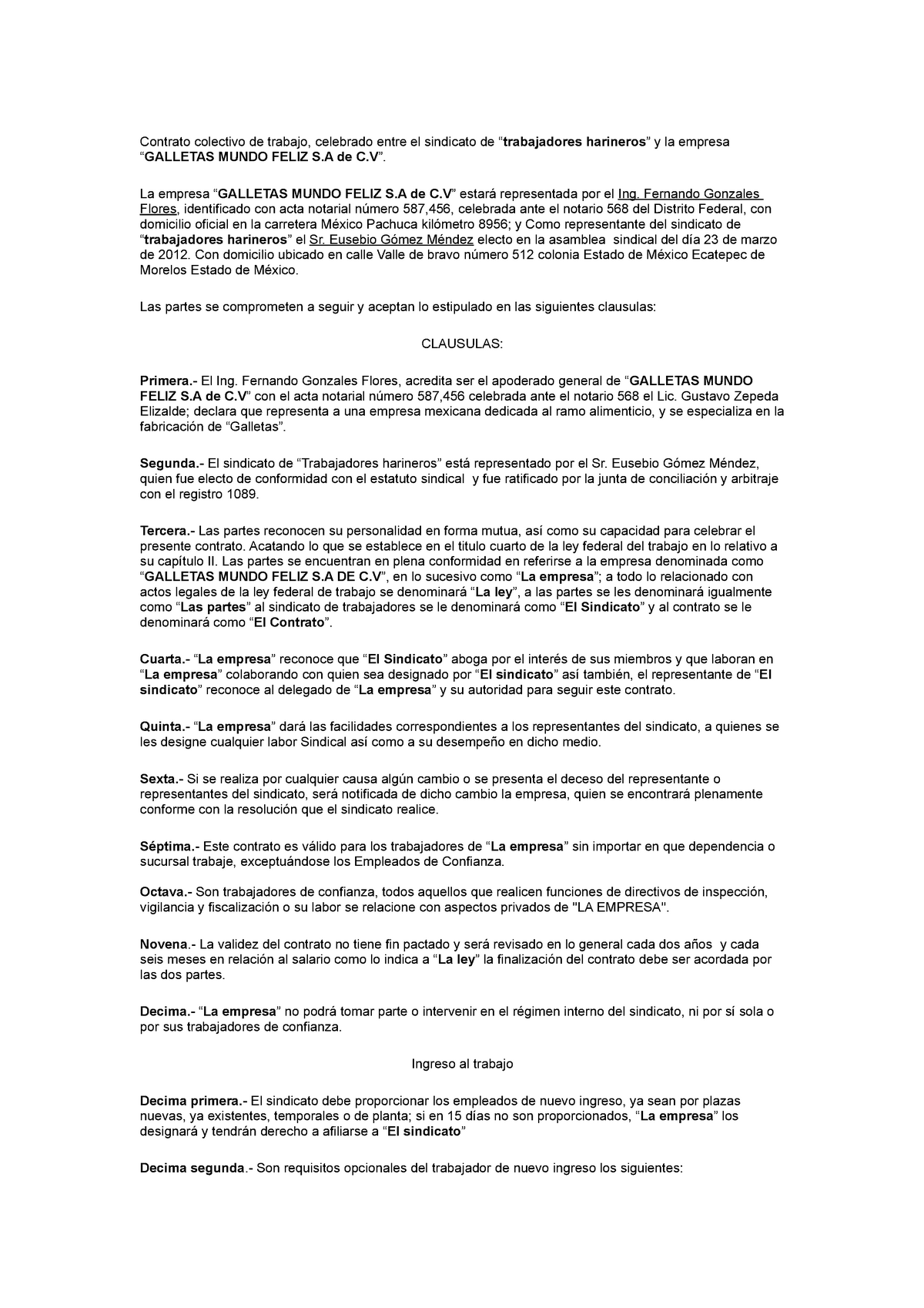 Ejemplo de contrato colectivo - Contrato colectivo de trabajo, celebrado  entre el sindicato de “ - Studocu