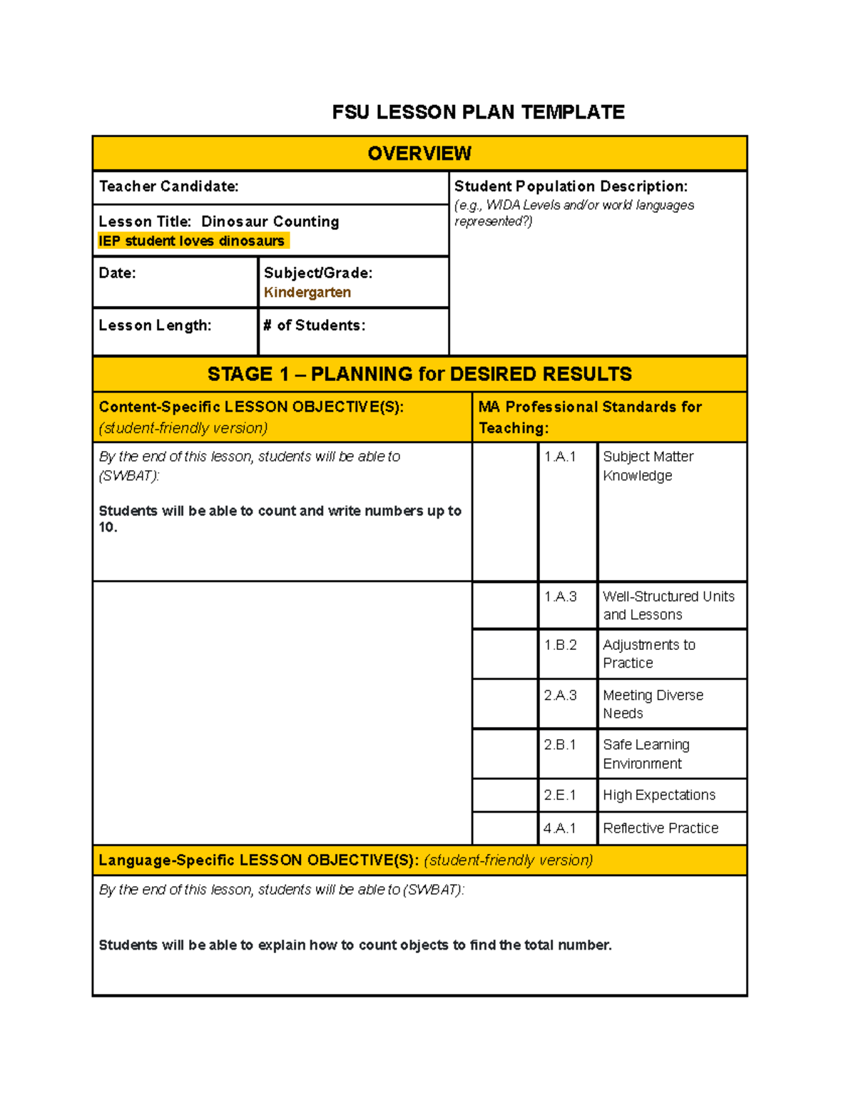 Dinosaur lesson plan for IEP = - FSU LESSON PLAN TEMPLATE OVERVIEW ...