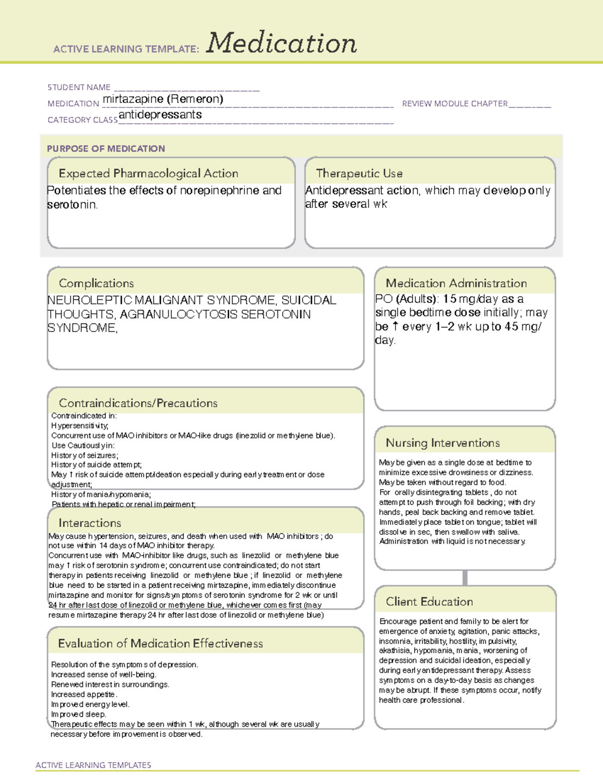 Remeron med map ACTIVE LEARNING TEMPLATES Medication STUDENT NAME