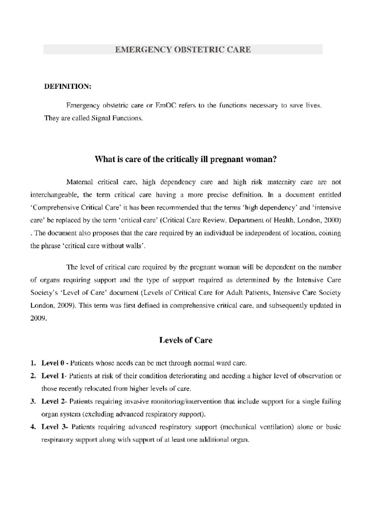 Emergency Obstetric Care - Bsc nursing - Studocu