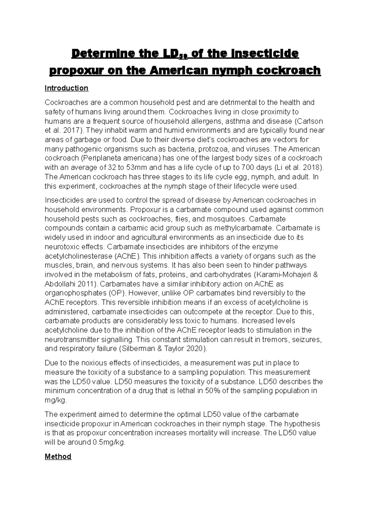 Pharmacology lab report Determine the LD 50 of the insecticide