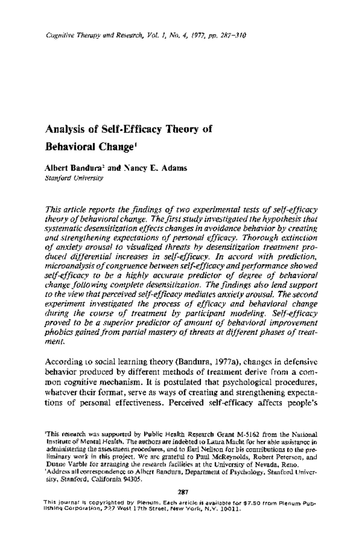 Analysis of SET of behavioral change Bandura 1977CTR-Adams - Cognitive ...