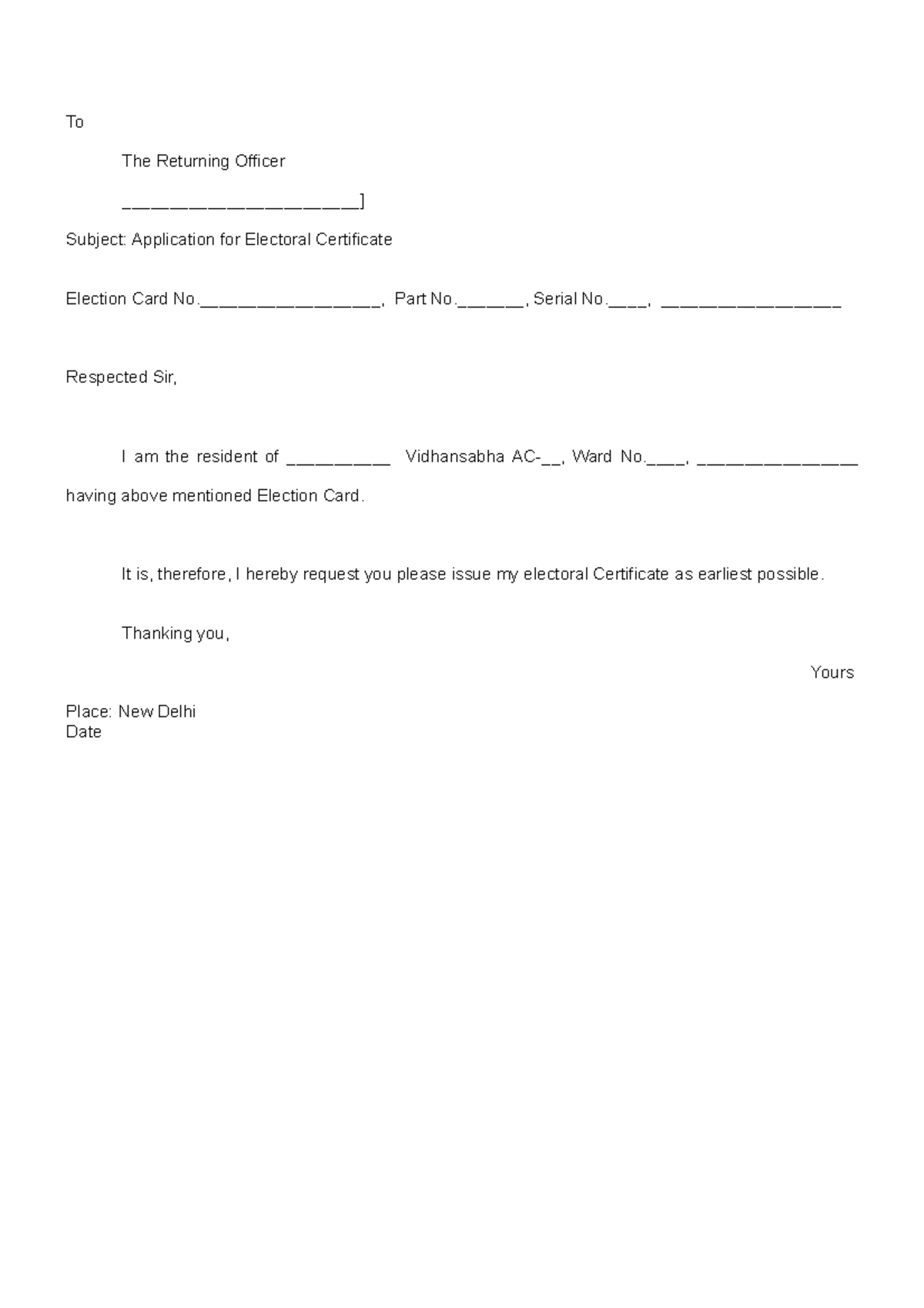 Application And Form Blank For Certificate - To The Returning Officer