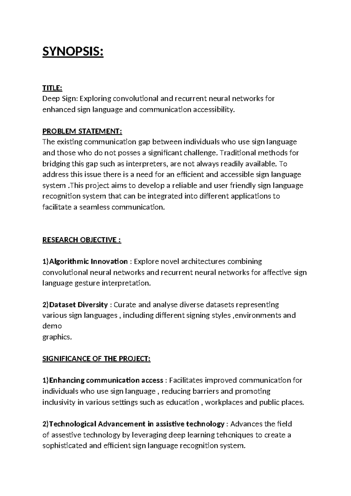 Project synopsis - SYNOPSIS: TITLE: Deep Sign: Exploring convolutional ...