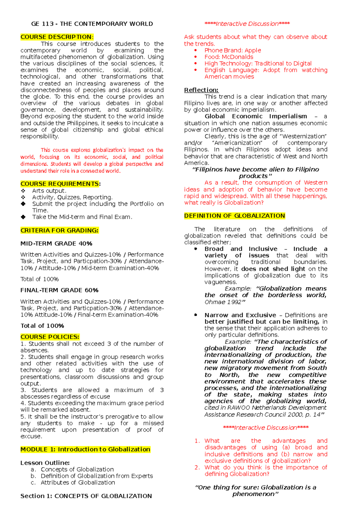 Module 1 - Section 1 Concepts of Globalziations - GE 113 - THE ...